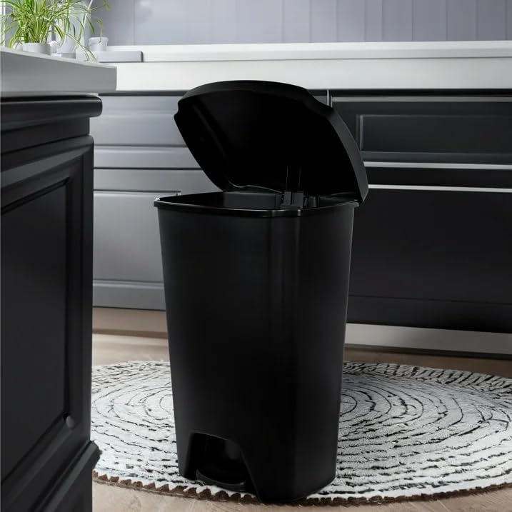 12.1 Gallon Step Trash Can with Lid - Black Plastic Kitchen Garbage Bin, Black, for Modern Home & Office Use