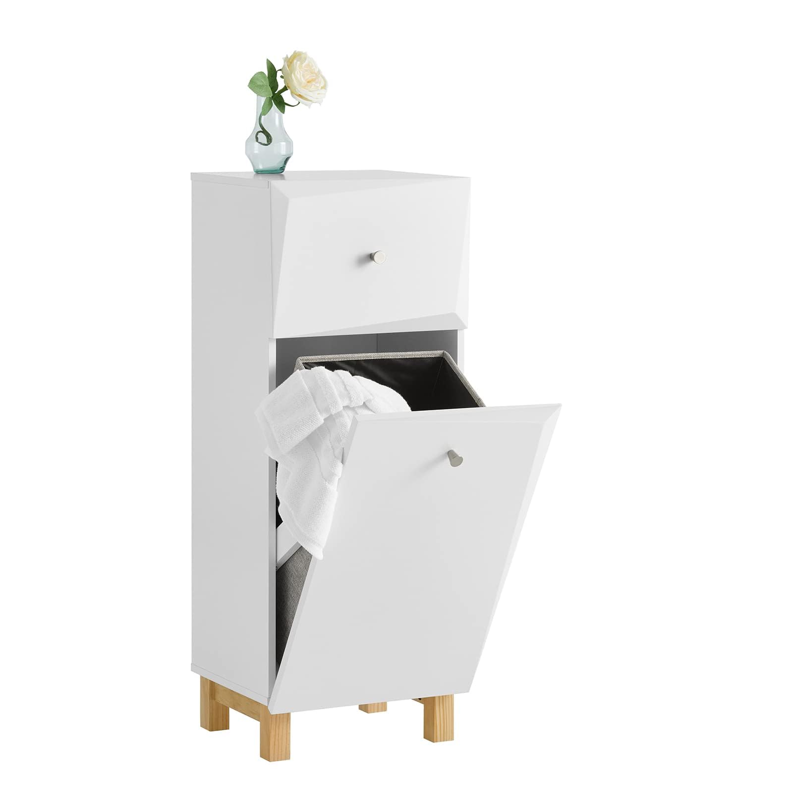 SoBuy Mueble de Baño con Cesta de Ropa – Armario Compacto para Lavar Ropa con Cajón y Bolsa Plegable, Mobiliario Auxiliar de Baño de Madera, Diseño Moderno, Blanco, 34x90x30cm, BZR93-​W