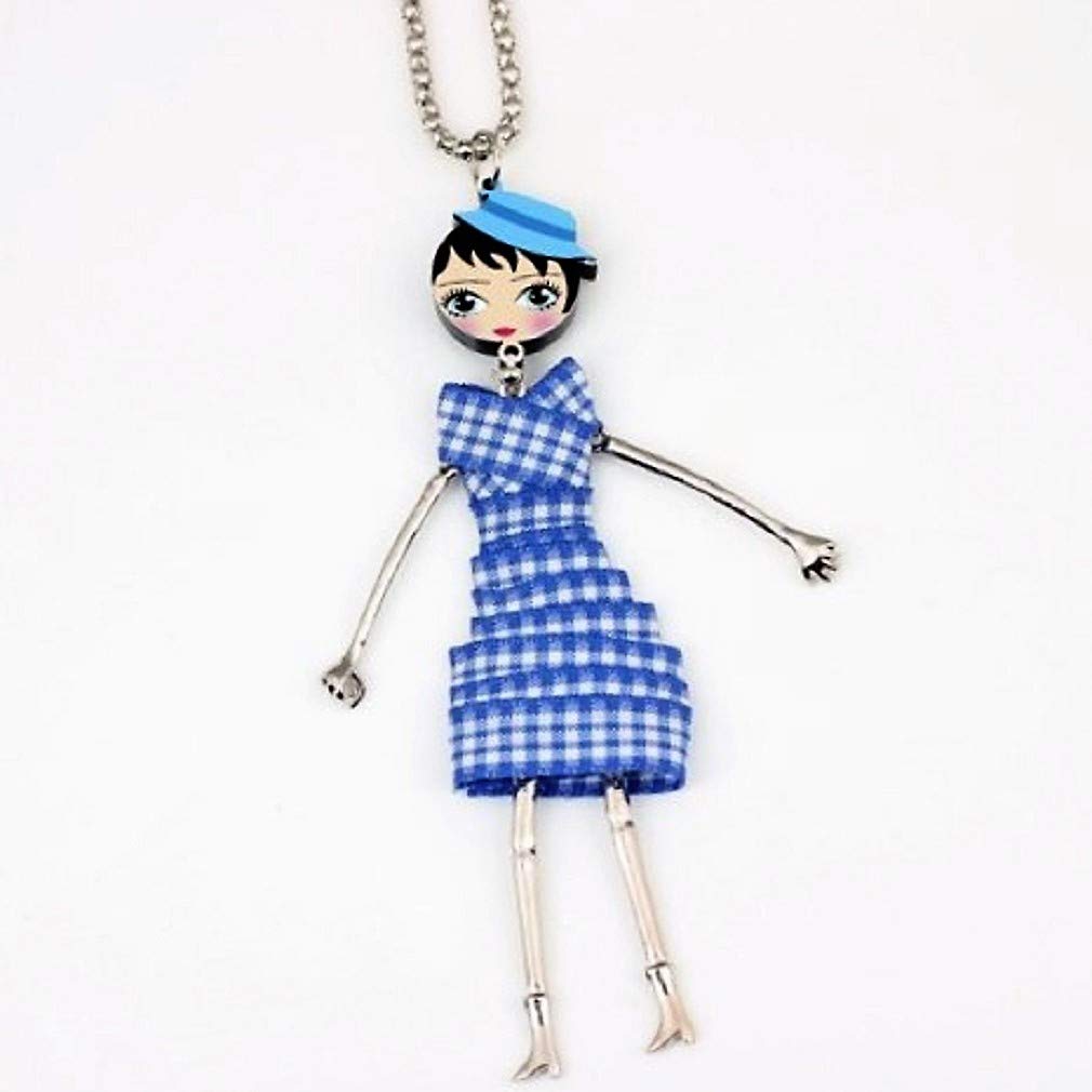 The Crafty Owl Enamel Cute French Doll Necklace with Fabric Dress Pendant - Various Designs (Blue Dress)