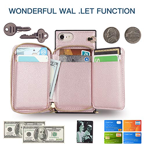 Defbsc Zipper Wallet Iphone 8 Case, Iphone 7 Case, Iphone Se 2020/ Se 2022 Case, Pu Square Wallet Case With Crossbody Chain Credit Card Holder Slot Shoulder Handbag Purse Wrist Strap Case(Rose Gold) #TOP3