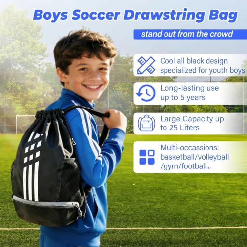 Image of Soccer Bag, Youth Drawstring Backpack for Volleyball Basketball Sports | with 1 Shoes Compartment 1 Wet&Dry Pocket 2 Side Mesh Pockets 2 Zipper Pockets Bag for Gym Training Swimming Back to School