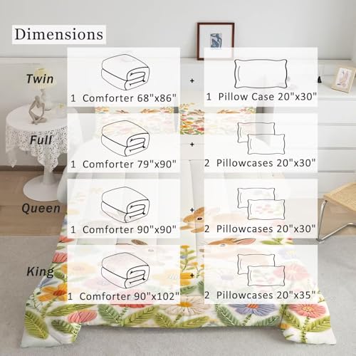 Image of Floral Rabbit Comforter Set Queen Size Cartoon Flower Bunny Bedding Sets for Kids Teens Boys Girls Bedroom Cute Animal Quilt 1 Comforter 2 Pillowcases