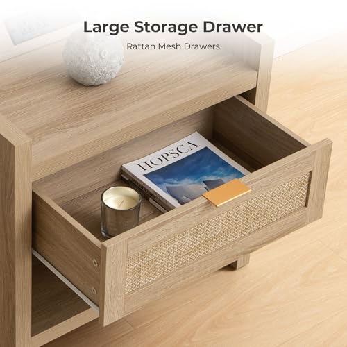 Image of SICOTAS Rattan Nightstands Set of 2 Bedside Table - Boho Night Stand with Type-C Charging Station, Wicker Decor Drawer Storage End Table Night Stands for Bedroom - Light Oak