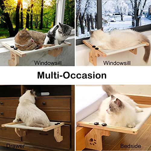 Cat Window Perch with 2 Covers Sturdy Solid Wood Cat Window Hommock for Large Cats Indoor Easy to Adjust Cat Window Bed Seat Shelf for Windowsill Bedside Cabinet and Drawer (Canvas+Plush)