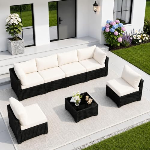 Image of 7 Piece Outdoor Sectional Outdoor Patio Furniture Set, Outdoor Patio Furniture Set with Coffee Table, Sectional Couch Sofa with Cushions, Wicker Outdoor Conversation Set for Backyard & Garden, Beige