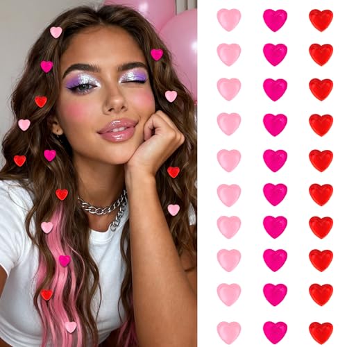 YISSION 30PCS Valentines Day Mini Heart Hair Clips for Women & Girls Romantic Pastel Pink/Hot Pink/Red Heart Hair Pins Small Hair Accessories for Date Daily Styling & Party