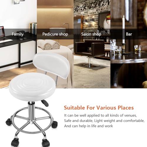 Image of KKTONER PU Leather Modern Rolling Stool with Low Back Height Adjustable Work Salon Drafting Swivel Task Chair with Footrest (White)
