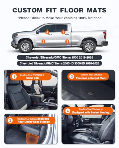 Image of Floor Mats for 2019-2026 Chevy Silverado 1500 /GMC Sierra 1500 & 2020-2026 2500HD 3500HD Crew Cab, Bucket Seats with Rear Storage, Custom Fit TPE All Weather Floor Liners