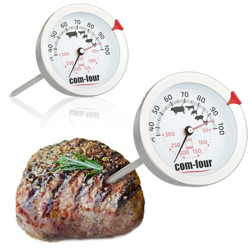 COM-FOUR® 2x Termómetro para asados - Termómetro para carne de 2 zonas con pantalla de control del punto de cocción - Termómetro analógico para parrilla y horno - Aguja para carne (2 piezas - 2 zonas)