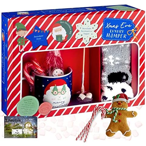 Christmas Eve Hamper - Luxury Hot Chocolate | Snowman mug, Gingerbread man, Marshmallows, Chocolate Stirrer, Candy cane, Snowman sock, Cocoa mix, Reindeer candy - Christmas Gifts for kids & gift tag Cover