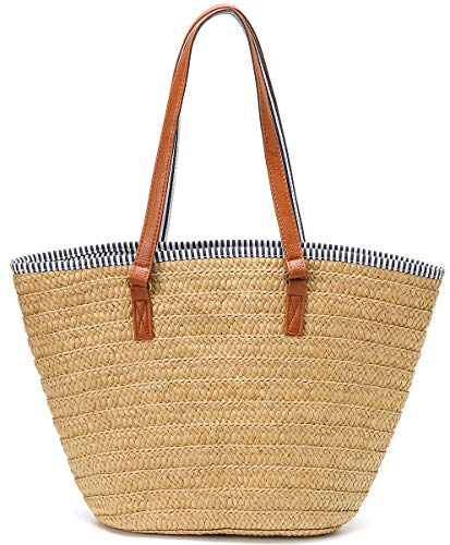 Image of Molodo Straw Bag Round Summer Straw Large Woven Beach Bag Purse For Women Vocation Tote Handbags With Pom Poms