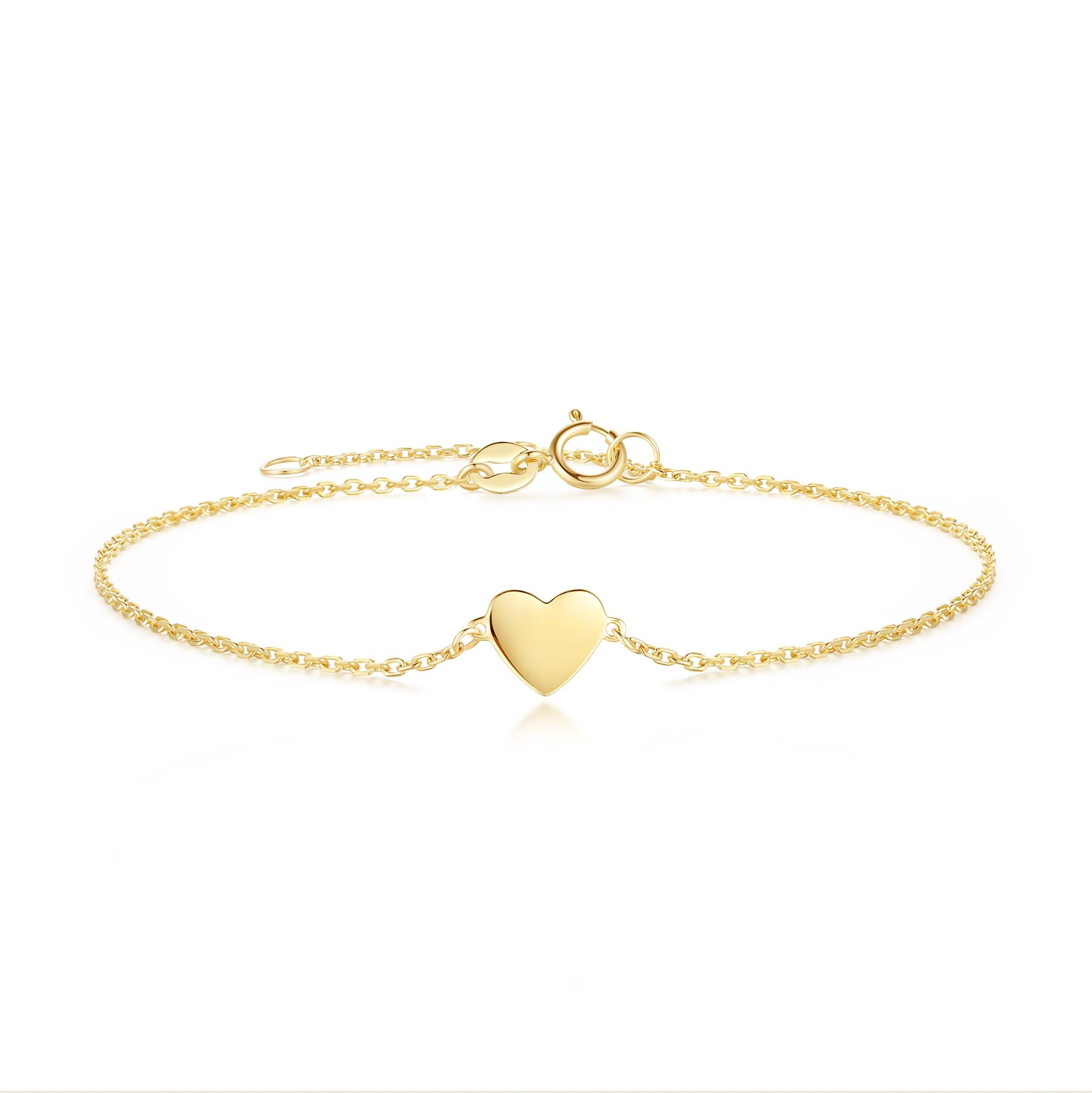Solid 14 Carat 585 Yellow Gold Bracelet with Heart Pendant, Minimalist Gift Jewellery for Women Girls, Adjustable Bracelet: 17 + 3 cm, Yellow Gold