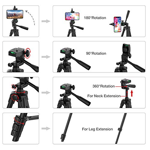 Phone Tripod, 51\" Extendable Travel Lightweight Tripod Stand with Carrying Bag, Universal Tripod with Bluetooth Remote, Cell Phone Mount for iPhone Xs/Xs Max/Xr/X/8/8 Plus/Samsung/Android Phone,Camera - Thumbnail 2