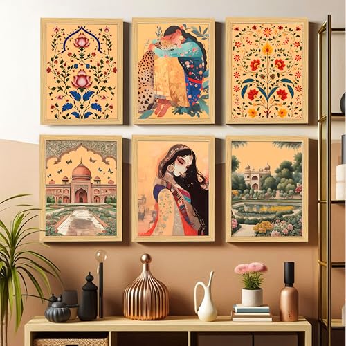 Image of PAINTINGMANTRA Madhubani Paintings For Living Room, Floral Garden Madhubani Wall Art Painting With frame for Bedroom, Office and Home Decor, Set of 6, 13x18 Inch