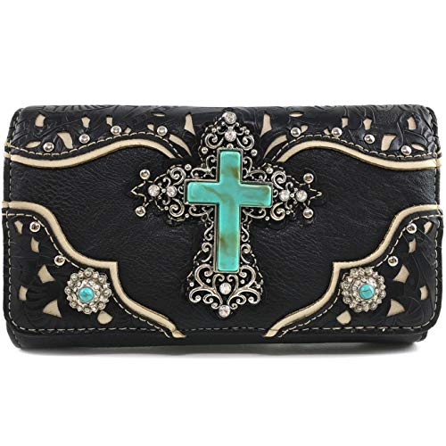 Zelris Turquoise Rhinestone Cross Western Women Crossbody Wrist Trifold Wallet (Black)