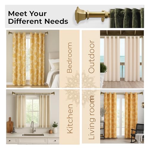Image of Deco Window Adjustable Curtain Rod for Windows 44 to 120 Inch (Pack of 1) Extendable Heavy Duty 1 Inch Iron Quatro with Finials Wall Mounted Curtain Rods (Warm Gold)