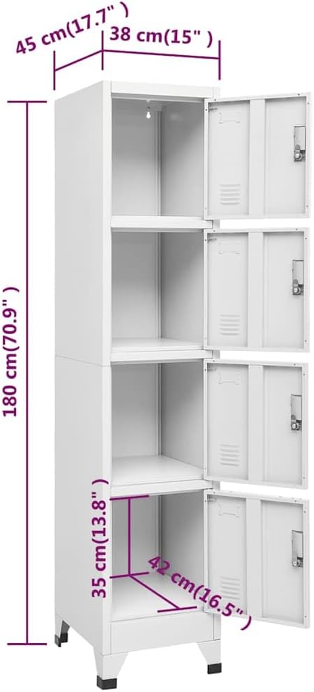 Metal Locker,Industrial Metal Locker Cabinet, 4 Compartments, Lockable Door & Name Card Holder, 38x45x180 cm, Durable Storage Solution for Gym, Office, Home, Secure Organization