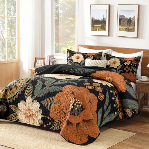Image of Andency Floral Boho Queen Quilt Bedding Set Brown Black, 3 Pieces Farmhouse Flower Botanical Summer Bedspreads with 2 Shams, Soft Reversible Lightweight Polyester Coverlet Set for All Season, 90 inchx96 inch