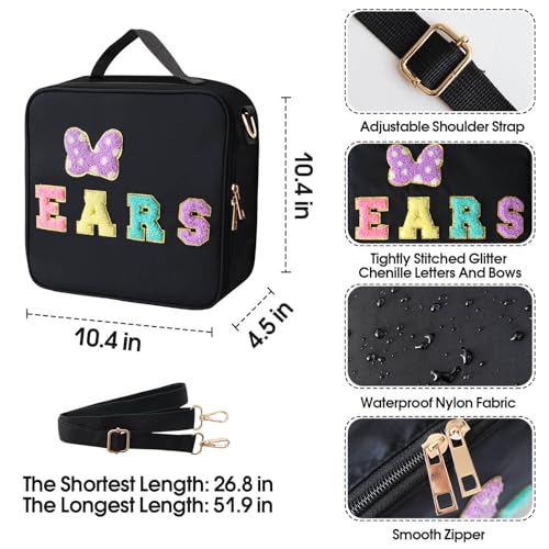 Chenille Letter Bow Mouse Ears Travel Case, Park Ears Headband Holder Hair Accessories Organizer Bag for Girls Women Kids Adults, Large Makeup Bag Snack Bags with Zipper for Travel Picnic - Black - Image 5