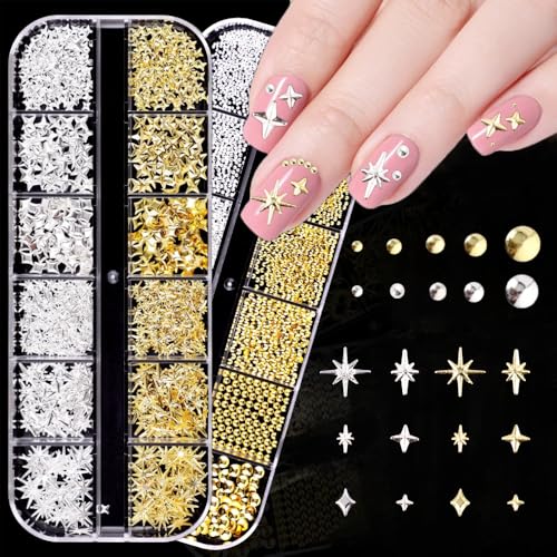 ネイルパーツ スタッズ 星 3D 立体 スター 四角星 半球ラウンドドーム 2ケースセット メタルスタッズ シルバー ゴールド 合金 ハンドメイド DIY 手芸素材