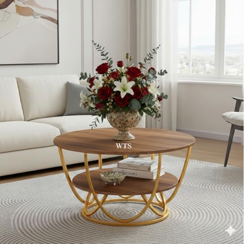 Image of Shoppee Coffee Table - Modern 2-Tier with Faux Marble Top and Gold Metal Frame - Stylish Center Table for Living Room, Sofa Table, Elegant Cocktail Table for Home, Office, Gold & Walnut