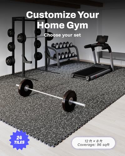 Image of AIRHOP 0.56in Thick 96 Sq Ft Exercise Equipment Mats, 24 Tiles Upgraded Rubber Top with High Density EVA Foam, Large Interlocking Puzzle Gym Flooring for Home Gym, Heavy Weight Workout, 24 x 24in