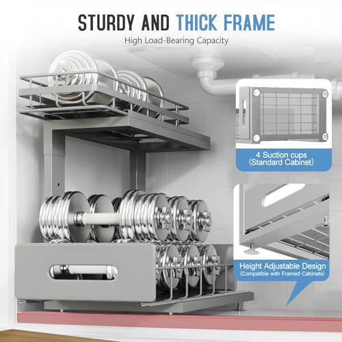 Image of Under Sink Organizer Upgrade To Professional Rails,2-Tier Dual Pull Out Cabinet Storage,Height Adjustable Slide Out Drawers For Bathroom Kitchen,2 Pack-14.5 inchDx12.8 inch-16.9 inchH,Gun Gray