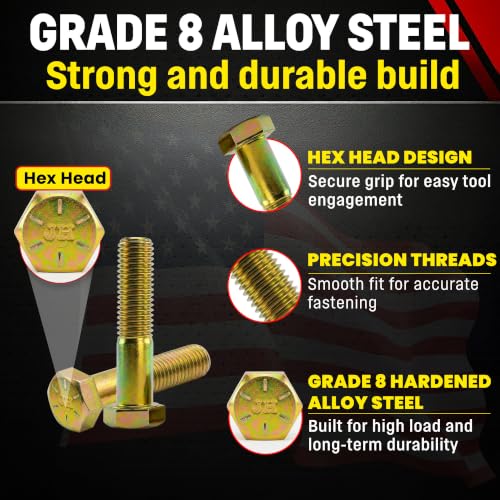 Image of Chenango Supply 5 /8-11 x 3 Grade 8 Hex Head Cap Screws | Alloy Steel Hex Bolts, 150,000 PSI Tensile Strength, Yellow Zinc Chromate Finish, USS Coarse Thread Fasteners (10 Pack)