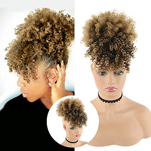 CHOOH Afro High Puff Hair Bun Ponytail Drawstring With Bangs Synthetic Short Kinkys