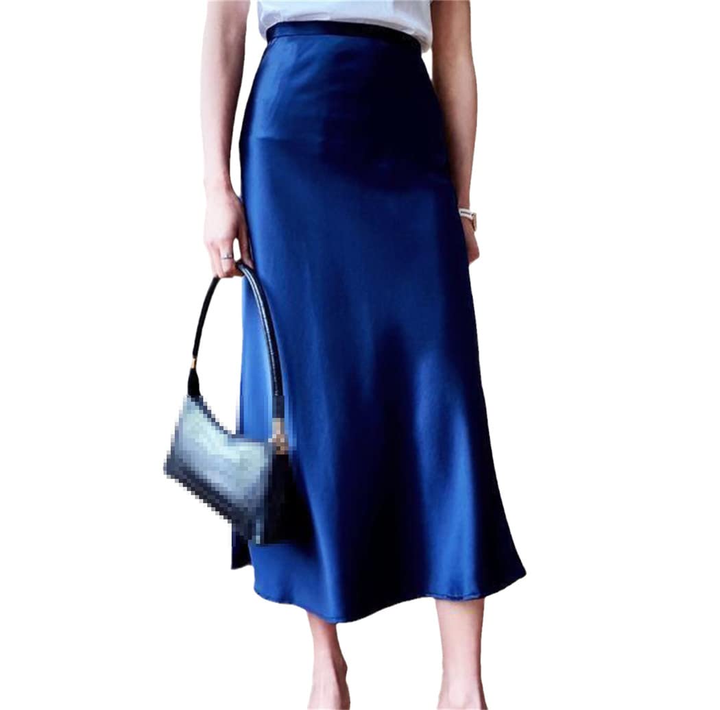 Jupe coréenne taille haute en satin de soie pour femme, Deep Blue, 40