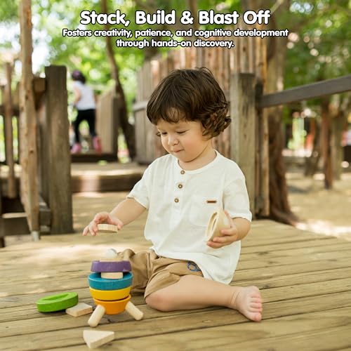 Image of PlanToys Wooden Stacking Rocket Toy for Toddlers | Montessori Educational STEM Learning Toy | Colorful Wooden Rocket Ship Stacker for Fine Motor Skills, Problem Solving, Preschool Gift