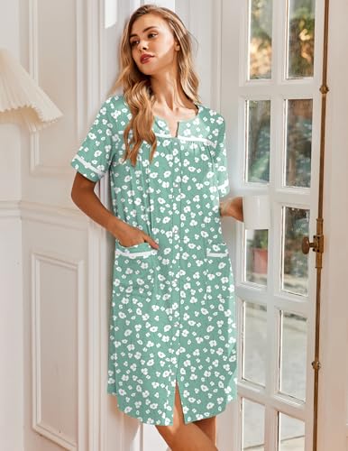 Image of Ekouaer Nightgowns for Women House Dress with Pockets Snap Front House Coat Short Sleeve Duster Moo Moos Sleepwear S-3XL