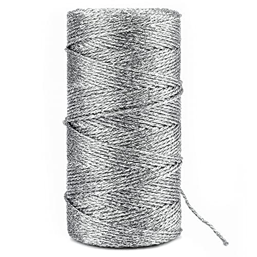 KINGLAKE Silver String Twine,1.5mm Sparkly Silver Cord Thread Decorative Metallic String for Gift Wrapping,100m Glitter Twine Christmas Bauble String for Crafts,Christmas Decoration,Wedding,Jewelry