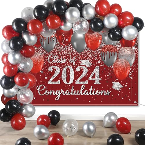 Buryeah Graduation Backdrop Decoration Set Class of 2024 Glitter Graduation Photography Background Latex Balloon Congrats Grad Backdrop Banner for Grad Theme Party Photo Prop Decor(Red and Silver)