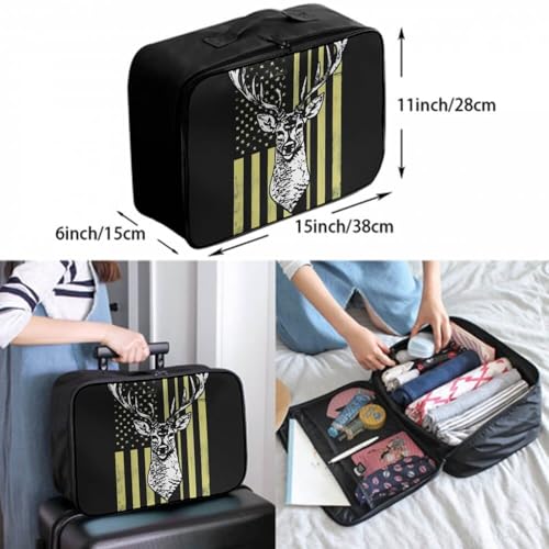 Leather Travel Carry On Tote Weekender Bag, Large Overnight Storage Bag, Lever To Hang Bags For Women Men Camouflage American Flag Hunting Camo Deer Black3