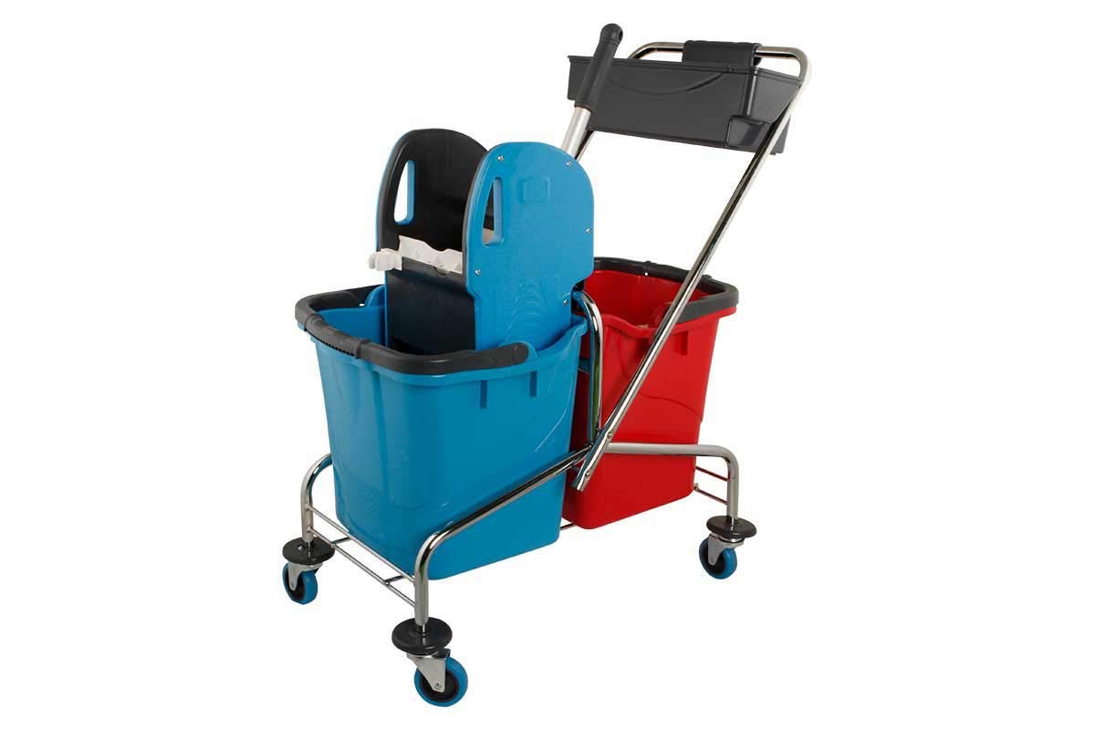 Set Lavapavimenti Professionale da 10 Pezzi, Carrello Doppio 2 x 25 Litri | Mocio da 40 cm magnetico, 4 panni ricambio e 2 detergenti per laminato o piastrelle. Carrello cromato robusto con pressa.