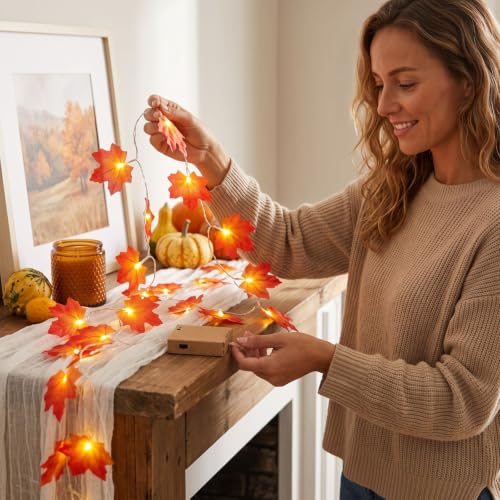 3 Pack Fall Leaves Garland with Light 7.5ft Fall Decorations for Home | Fall Garland Maple Leaf Artificial Hanging Vine Autumn Foliage Garland Thanksgiving Christmas Fall Decor for Fireplace Mantle - image 6