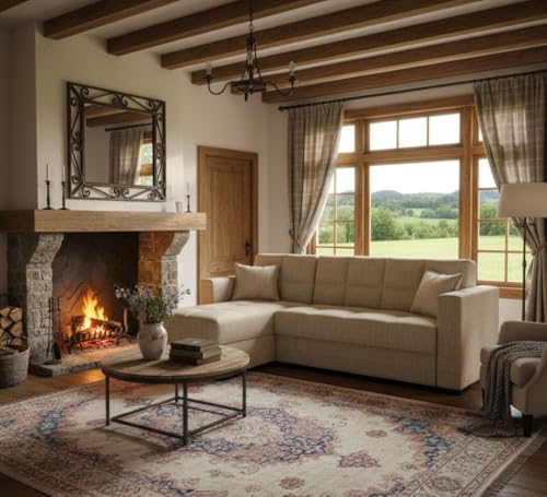 Dmora Divano Letto con penisola Fernando, Divano ad Angolo Reversibile, Sofà Contenitore da Soggiorno con Chaise Longue e 2 Cuscini, 230x150h81 cm, Beige