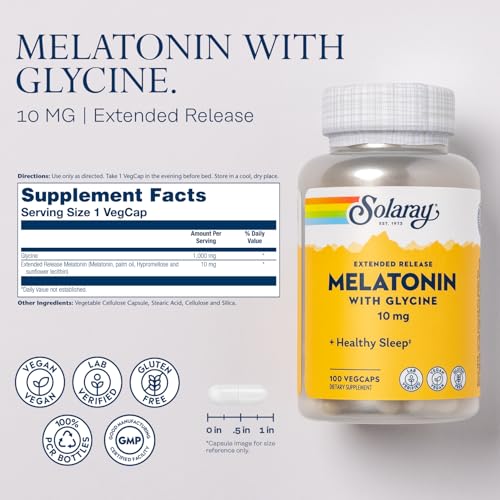 Image of SOLARAY Melatonin 10mg with Glycine - Extended Release, Healthy Sleep Aid and Calming Relaxation Support - Lab Verified, Vegan, Gluten Free, 60-Day Guarantee - 100 Servings, 100 VegCaps