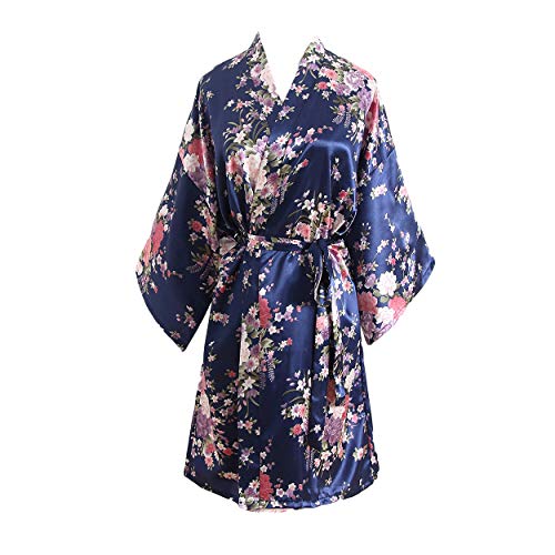 YUAKOU Women's Floral Bride Bridesmaids Robe Satin Wedding Kimono Bridal Dressing Gown Sleepwear Dark Blue