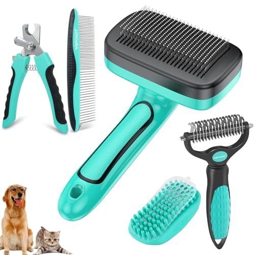 Dog Brush Kit for Grooming Short & Long Haired Dogs & Cats, 5 in 1 Pet Grooming Set for Small Animals, 5 PCS Puppy Self-Cleaning Slicker Brush and Pet Comb for Shedding Medium & Large Dogs