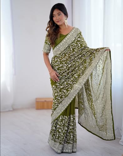 Image of SIRIL Women's Georgette Embroidery Saree With Unstitched Blouse