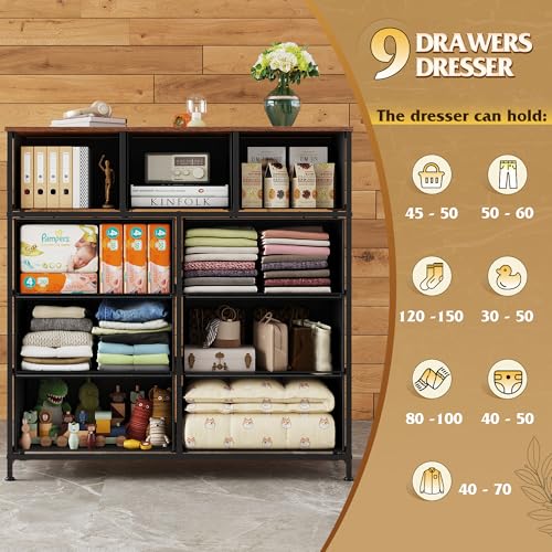 Image of WLIVE 9 Drawer Dresser, Fabric Storage Tower for Bedroom, Hallway, Closet, Tall Chest Organizer Unit for Bedroom with Fabric Bins, Steel Frame, Wood Top, Easy Pull Handle, Black and Rustic Brown