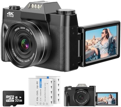 4K Digital Camera AutoFocus 56MP UHD Vlogging Camera with 16X Digital Zoom 3.0 Inch Compact Camera with 180 Degree Rotation Flip Screen Camera for Beginners Adults 32GB Micro SD Card & 2 Batteries
