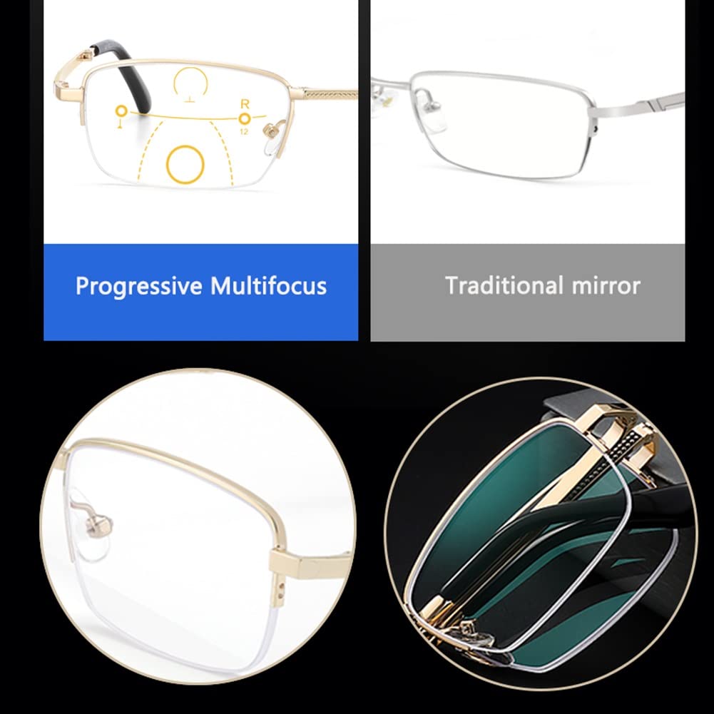 Gafas de Lectura Multifocales Progresivas, Anti-Rayos Azules Gafas de Presbicia, Gafas De Lectura Hombre (Color : Gold, Size : 3.5)