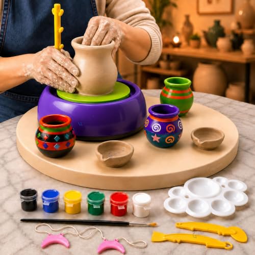 GRAPHENE Pottery Wheel Clay Kit for Kids DIY Battery Operated Pottery Making Painting Set Modeling Clay Sculpting Tools Paints Arts & Crafts Toy Playset Kit Creative Activity Gift Boys Girls Age 5+