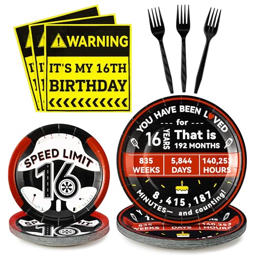 G1ngtar 96Pcs 16th Drivers License 16 Years Old Warning Steering Wheel Party Plates Supplies Tableware Decorations Disposable Paper Plates Napkins Forks for Birthday Serves 24