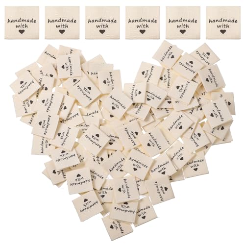 Jeffdad 100 PCS Sewing Labels for Handmade Items 1.57x0.79Inch Personalized Clothing Labels Made with Love Embossed Tags for DIY Crafts Knitting Crocheting Sewing