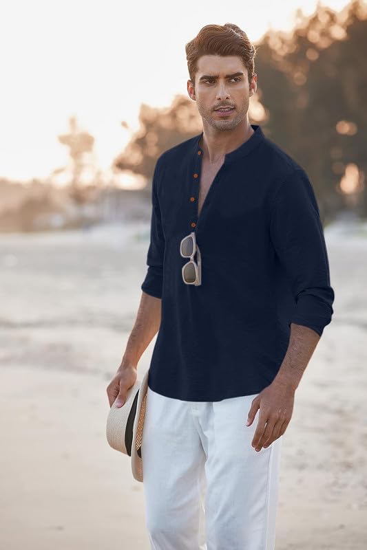 Image of Macsivo Men's Cotton Blend Henley Short Kurta with Mandarin Collar Long Sleeeve Button Closure Curved Hem Regular Fit | Kurta for Men Stylish
