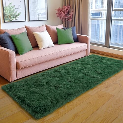 KING DARE Runner Rug 2x6, Shaggy Dark Green Rug for Bedroom Dorm, Fluffy Shag Fuzzy Plush Non-Slip Washable Soft Carpet for Bedside Girls Boys Kids Room Indoor Decor